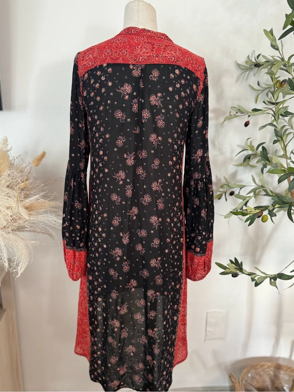 Free People XS Black Red Floral Paisley Tunic Dress Boho Long Sleeve